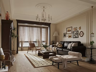 Classic Living Room Featuring Black Leather Sofa Coffee Table Armchair Rug Wall Art And Chandelier 3d model