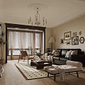 Classic Living Room Featuring Black Leather Sofa Coffee Table Armchair Rug Wall Art And Chandelier