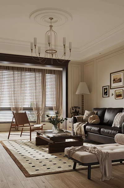 Classic Living Room Featuring Black Leather Sofa Coffee Table Armchair Rug Wall Art And Chandelier 3d model