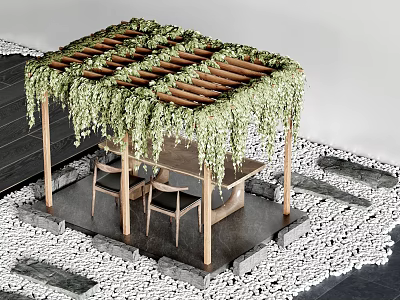 Wooden Pergola with Green Vines Covered Top and Table Chairs on Gravel Ground 3d model