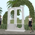 Rural Landscape With White Arch Structure Green Plants Palm Trees Stone Pavement And Blue Sky