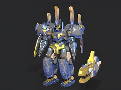 Blue And Yellow Mech Weapon With Multiple Cannons And Detachable Component 3d model