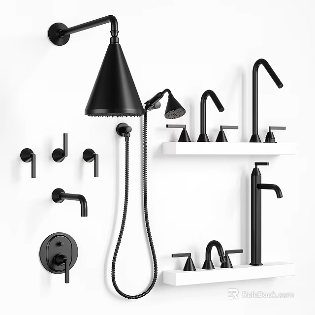Black Kitchen And Bathroom Faucets With Various Styles Displayed On Shelves 3d model 