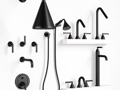 Black Kitchen And Bathroom Faucets With Various Styles Displayed On Shelves 3d model