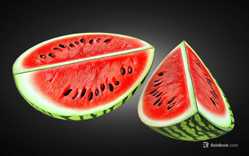 Fresh Watermelon Slices with Juicy Red Flesh and Black Seeds and Vibrant Green Rind 3d model 
