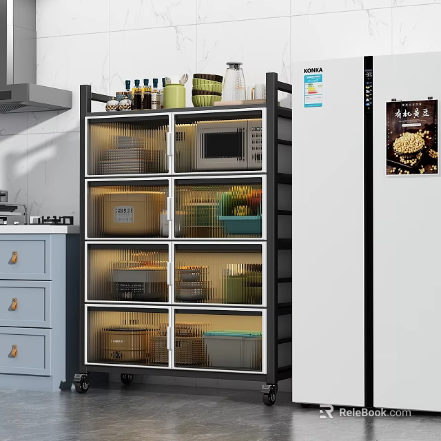 Kitchen Multi tiered Storage Cabinet With LED Lighting Microwave And Storage Boxes 3d model