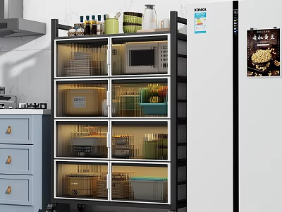 Kitchen Multi tiered Storage Cabinet With LED Lighting Microwave And Storage Boxes 3d model