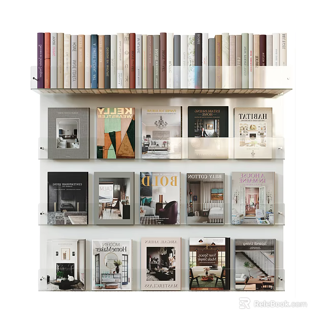 Organized Books And Magazines Display On Multiple Shelves With Diverse Covers And Colorful Spines 3d model 