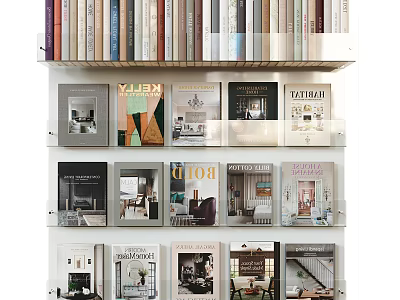 Organized Books And Magazines Display On Multiple Shelves With Diverse Covers And Colorful Spines 3d model