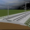 Railway Track Infrastructure With White Guardrails Lamp Posts And Green Fields 3d model