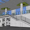 Modern Interior Space With Two Level Structure Staircase Glass Railing And Columns