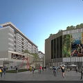 Modern Commercial Street Featuring Tall Buildings Green Plants Large Screen Ads And Pedestrians
