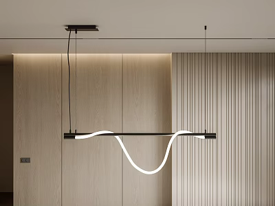 Unique Curved Chandelier Hanging In Modern Interior With Wooden Walls 3d model