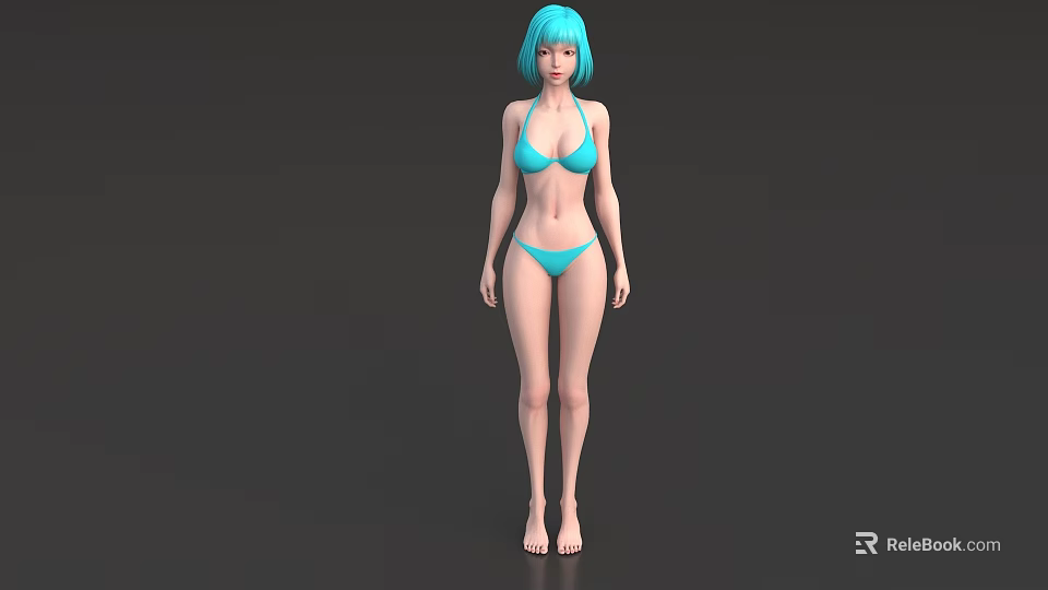 Woman With Blue Hair Wearing Blue Bikini Standing Against Gray Background 3d model 