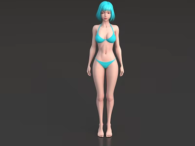 Woman With Blue Hair Wearing Blue Bikini Standing Against Gray Background 3d model