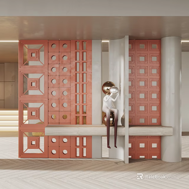 Modern Interior Partition with Geometric Perforated Patterns and White Sculpture on Platform 3d model