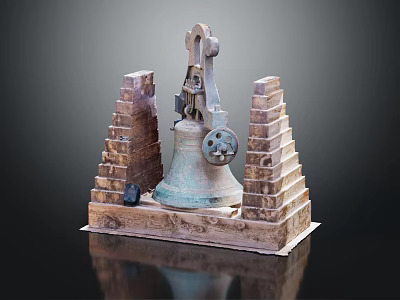 Bronze Bell Musical Instrument and Painting Tools on Towered Support Stand 3d model