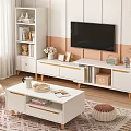Modern White TV Stand in Living Room with Wall TV Storage Cabinets and Decorative Items