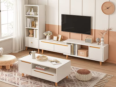 Modern White TV Stand in Living Room with Wall TV Storage Cabinets and Decorative Items 3d model