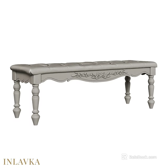 Elegant Upholstered Sofa Bench With Carved Details And Turned Wooden Legs 3d model 