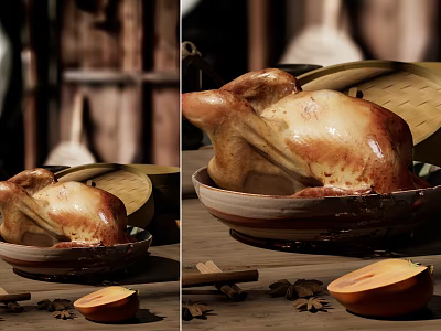 Delicious Roast Chicken Served In Ceramic Bowl With Spices And Sliced Fruit 3d model