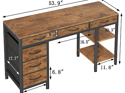 Wooden Top Office Desk With Metal Frame Multiple Drawers And Storage Shelves 3d model