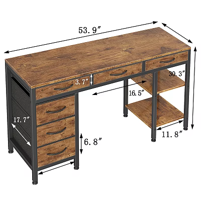Wooden Top Office Desk With Metal Frame Multiple Drawers And Storage Shelves 3d model