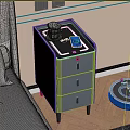Gray Bedside Table with Drawers Black Handles Wireless Charger Phone Cup and Robot Vacuum Nearby