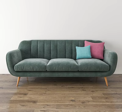 Green Three Seater Sofa With Blue And Pink Pillows On Wooden Floor And White Wall 3d model