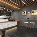 Modern Café Interior With Coffee Machines Display Shelves And Stone Countertop