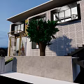 Modern Office Building Exterior With Glass Windows Entrance Steps And Tree