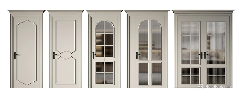 Elegant White Hinged Doors With Various Designs Including Glass Inserts And Carved Patterns 3d model 