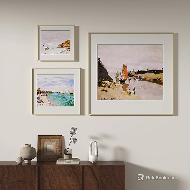 Three Framed Oil Paintings as Wall Art with Decorative Items on Table 3d model 