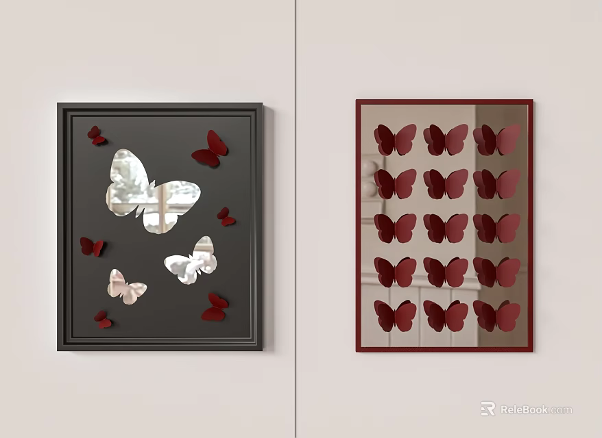 Decorative Wall Decor with Black and Red Frames Mirror and Colorful Butterflies Design 3d model