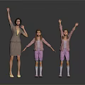 Woman In Striped Dress With Two Girls In Pink Tops Purple Shorts Raising Hands Dancing