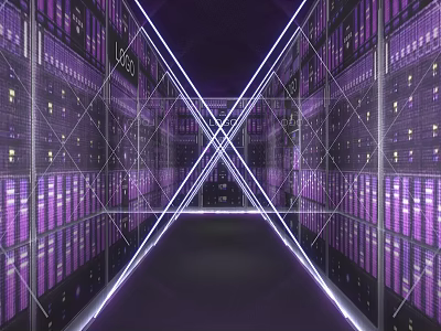 Futuristic Elevator Corridor With Purple Lighting Grid Structure And LED Strips 3d model