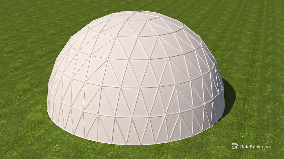 White Geodesic Dome With Triangular Grid Structure On Green Grass Field 3d model