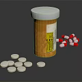 Yellow Pill Bottle With White Cap And Scattered White Pills Red And White Capsules