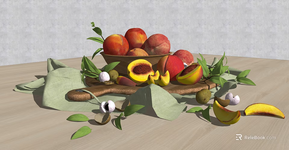 Fresh Whole and Sliced Peaches with Green Leaves on Wooden Table and Linen Cloth 3d model 