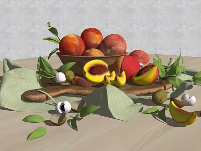 Fresh Whole and Sliced Peaches with Green Leaves on Wooden Table and Linen Cloth 3d model