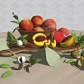 Fresh Whole and Sliced Peaches with Green Leaves on Wooden Table and Linen Cloth