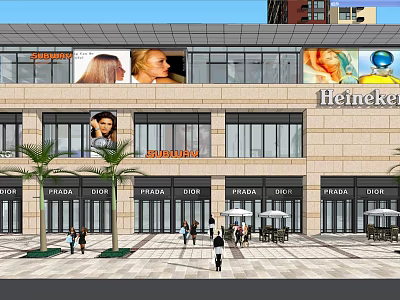 Modern Commercial Street With Prada Stores Heineken Ads Outdoor Seating And Pedestrians 3d model