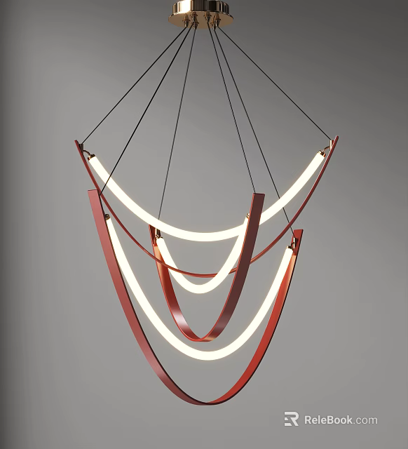 Modern Artistic Chandelier With Red Curved Frames And White Circular Lights 3d model