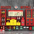 Fire Equipment Including Fire Extinguishers And Hydrants In Cabinets With Safety Signs On The Wall