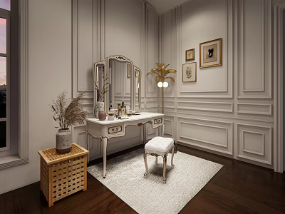 Elegant White Dressing Table With Mirror Stool Area Rug And Decorative Wall Art 3d model