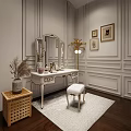 Elegant White Dressing Table With Mirror Stool Area Rug And Decorative Wall Art 3d model