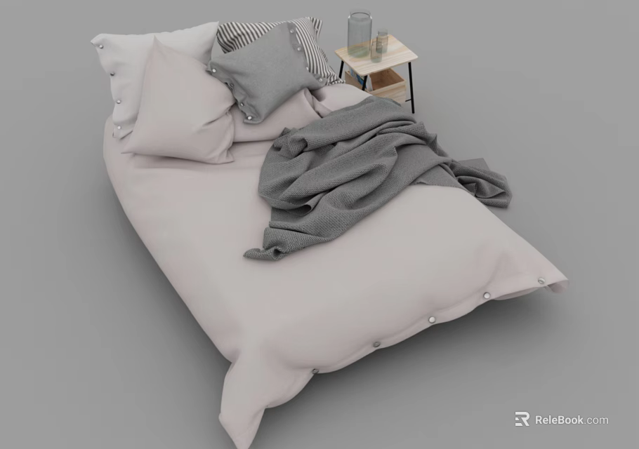 Double Bed Featuring Light Colored Sheets Striped Gray Pillow Gray Blanket And Nightstand With Glass 3d model 