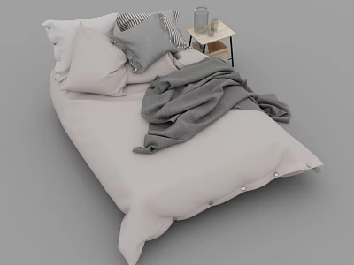 Double Bed Featuring Light Colored Sheets Striped Gray Pillow Gray Blanket And Nightstand With Glass 3d model