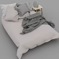 Double Bed Featuring Light Colored Sheets Striped Gray Pillow Gray Blanket And Nightstand With Glass