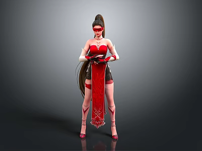 Stylish Female Character In Red Outfit With Long Hair Decorative Belt And Eye Mask 3d model